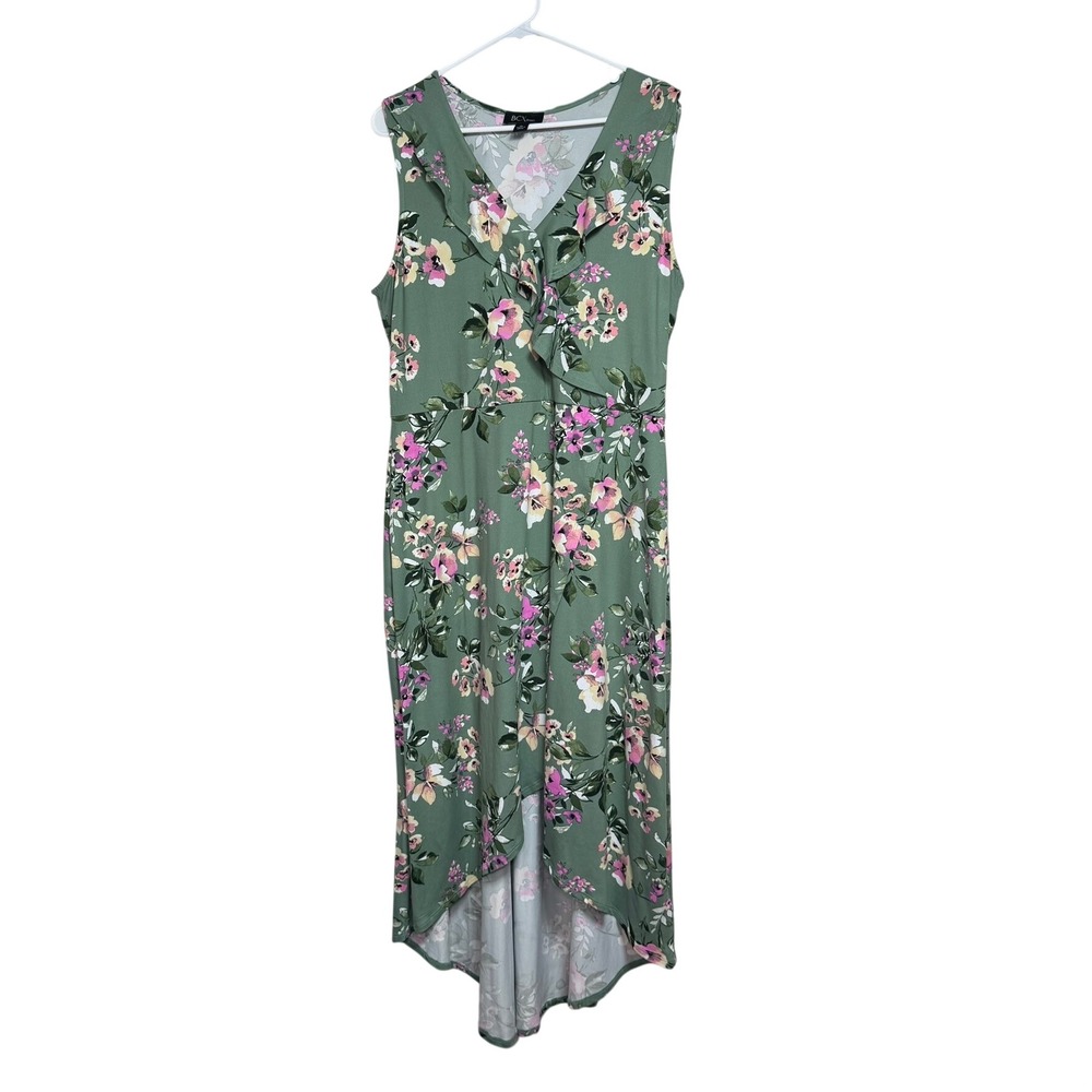 BCX Dress Womens XL Sage Green Floral Ruffle V-Neck High-Low Sleeveless Dress